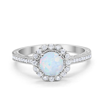 Filigree Engagement Bridal Ring Lab Created White Opal 925 Sterling Silver